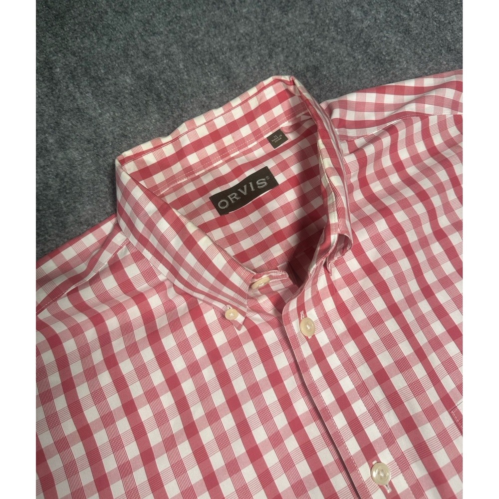Orvis Mens XL Button Down Dress Shirt Plaid Red Gingham Wrinkle Free Pleated